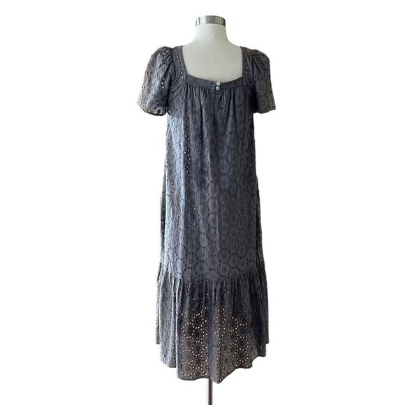 CLAUDE TULUM Taupe Eyelet Midi Dress Taupe Short Sleeves Square Neck Small NEW - Picture 2 of 12